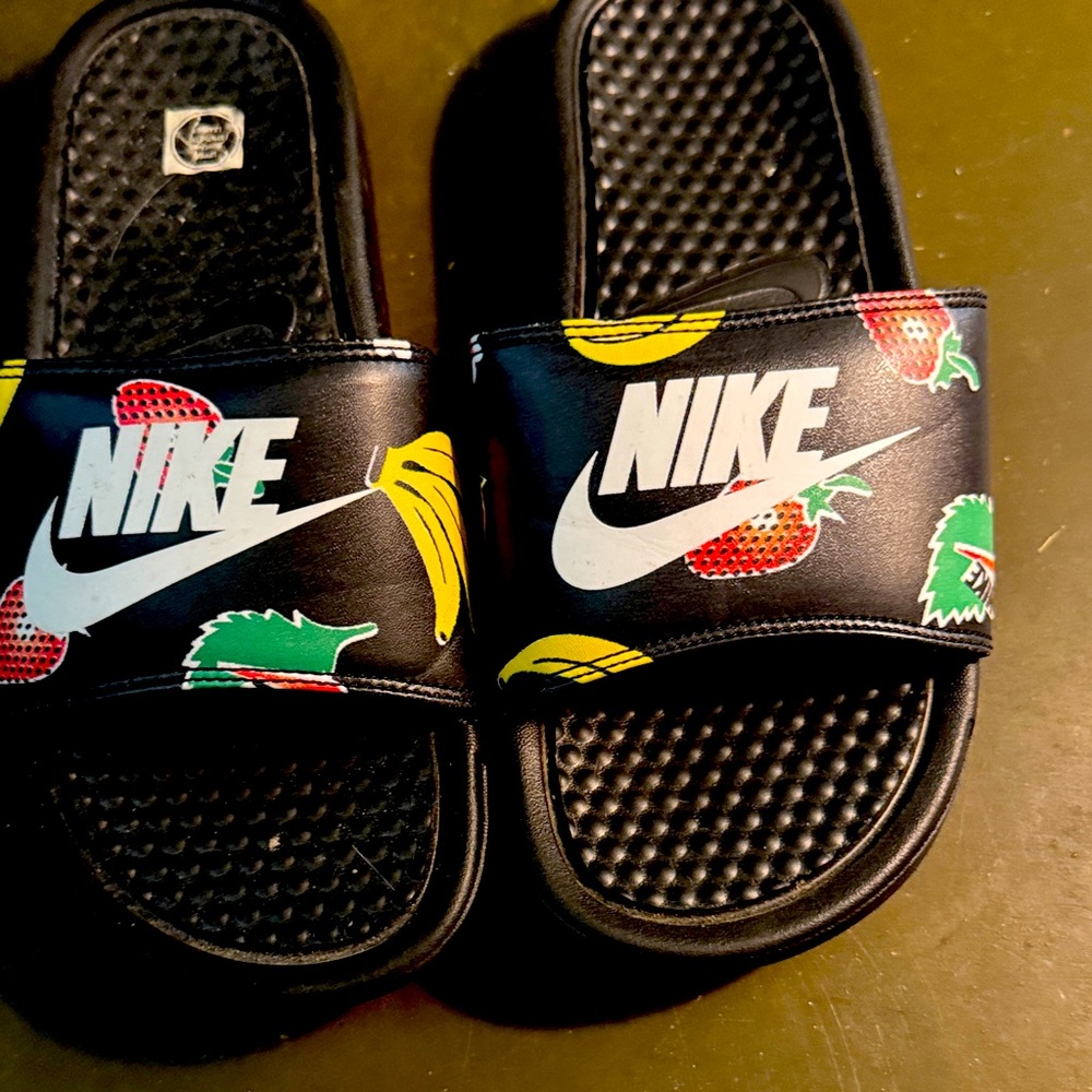 Nike Slide Sandals - Black with Fruit Print, Women’s size 6